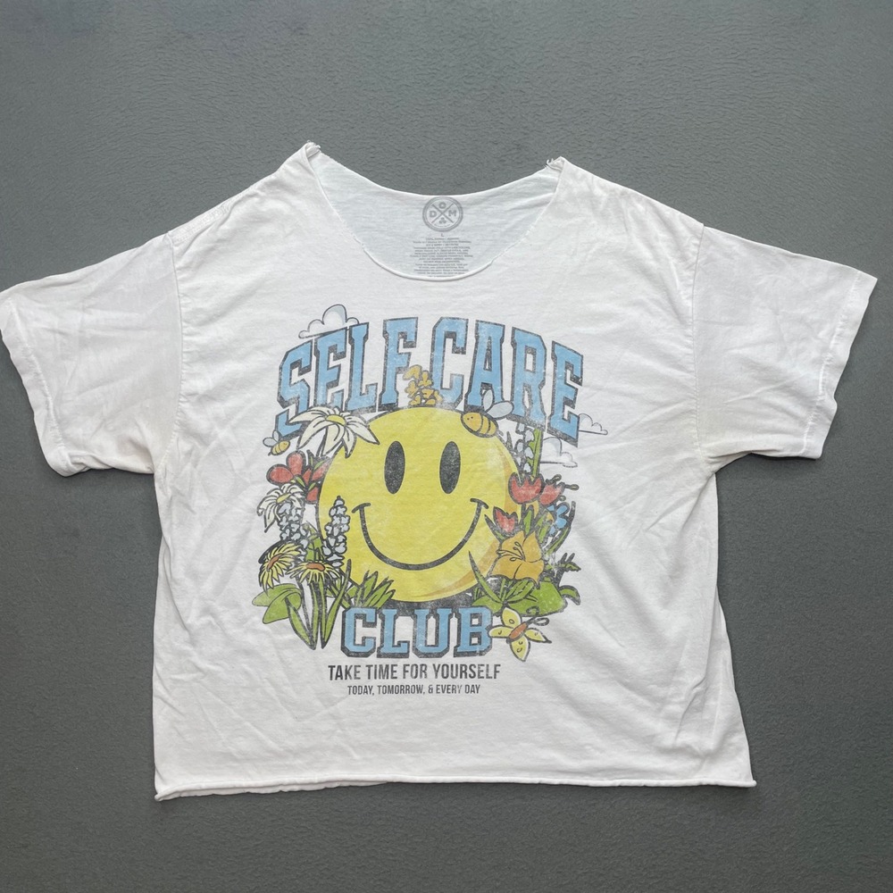 D&M Women T-Shirt Cotton White Large Self Care Club Retro Smiley Face Raw Hem